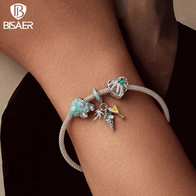 BISAER 925 Sterling Silver Fantasy Turtle Octopus Charm Bead Starfish Seahorse Fishtail Pendant for Women DIY Bracelet Jewelry