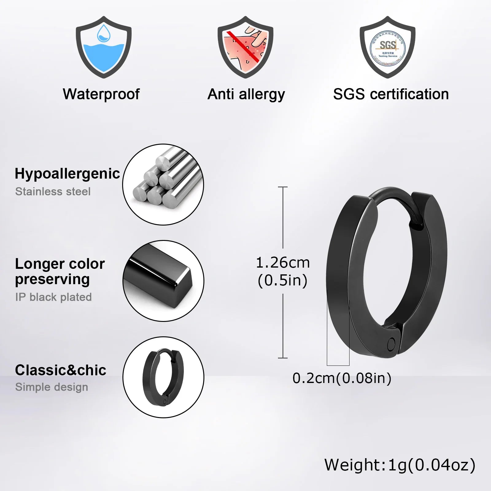 Vnox Glossy Stainless Steel Small Hoop Huggies Earrings for Women Men, Hand Polished Simple Metal Hoops, Minimalist Jewelry Gift