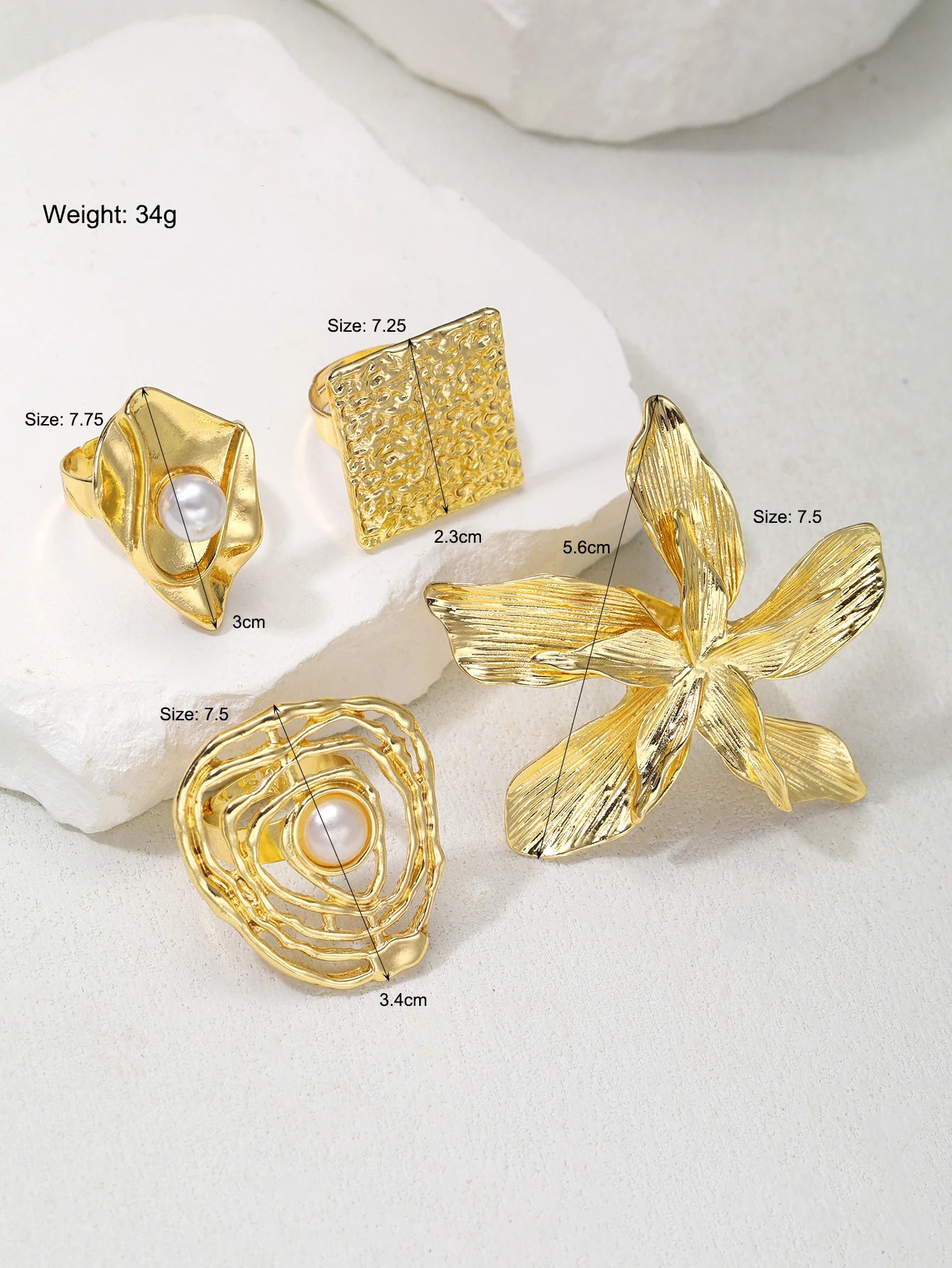 4 Pcs Chunky Vintage Ring Set For Women Fashion Geometric Wave Textured Faux Pearl Metal Rings Holiday Party Jewelry Date Gifts