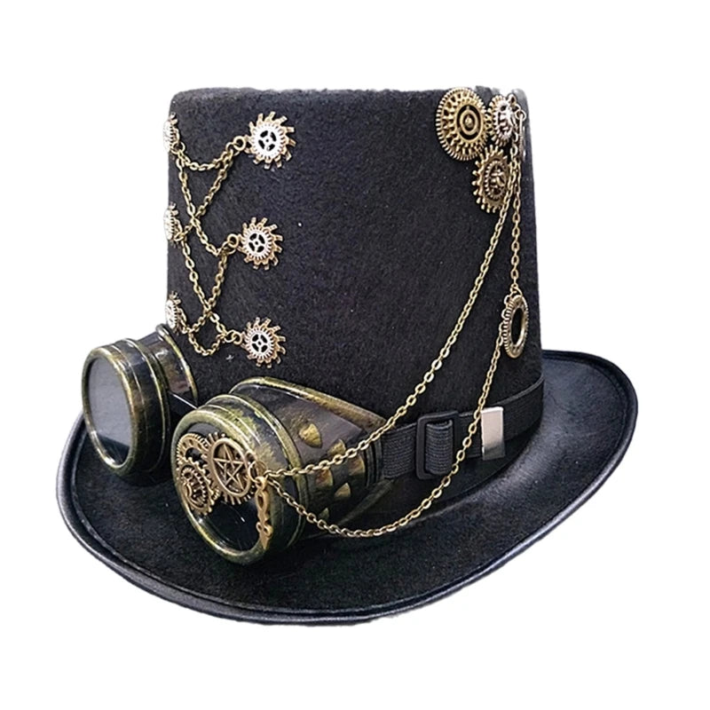 652F Victorian Steampunk Top Hat with Goggles Vintage Accessories Set for Adult Halloween Dress Up Magician Hat