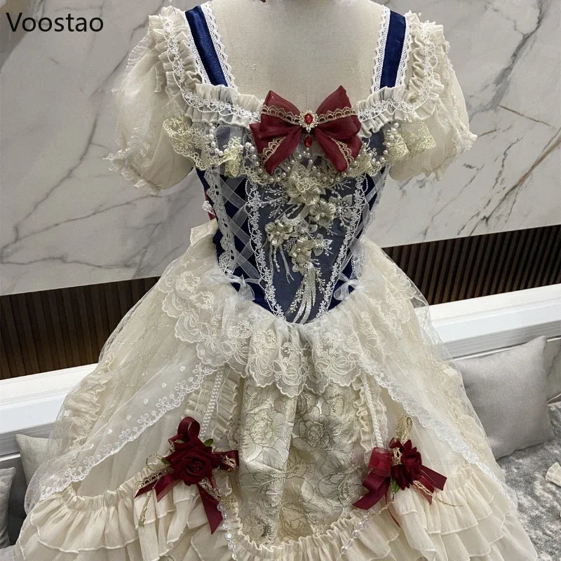 Japanisches Sweet Lolita Prinzessinnenkleid für Damen, elegant im Vintage-Stil mit Schleife, schulterfrei, aus Spitze, Mesh und Perlen, Abendkleid für Partys, Lolita-Kleidung