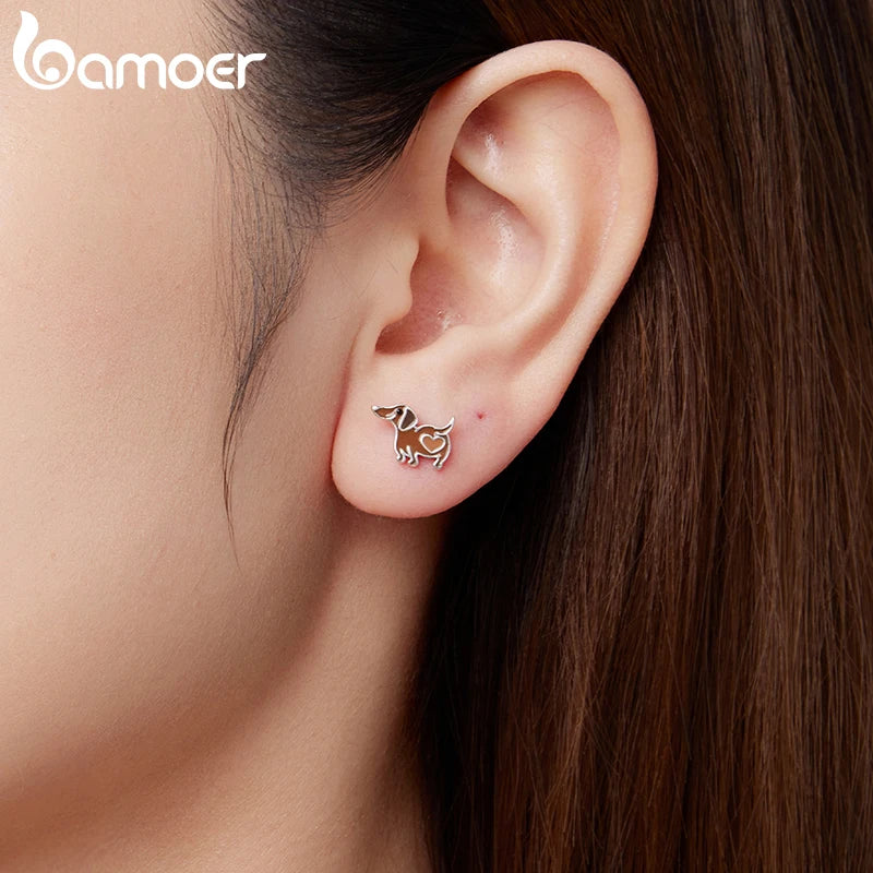 BAMOER 925 Sterling Silver Dachshund Stud Earrings Enamel Grey Heart Cute Dog Pierced Earring for Women Teens Girl Birthday Gift