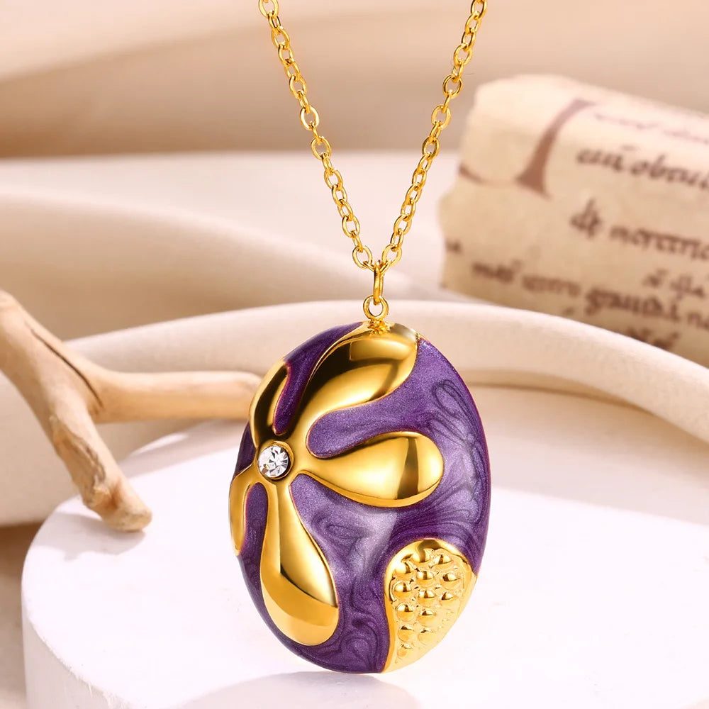 Colliers avec pendentifs ovales en émail et strass pour femme, couleur or, en acier inoxydable, style bohème, bijoux, cadeau, vente en gros