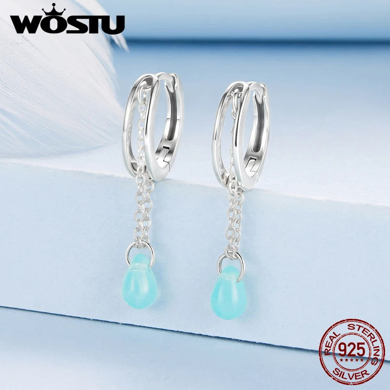 WOSTU Real 925 Sterling Silver Original Long Link Green Crystal Drop Earrings For Women Water drop Tessel Ear Hoops Party Gift