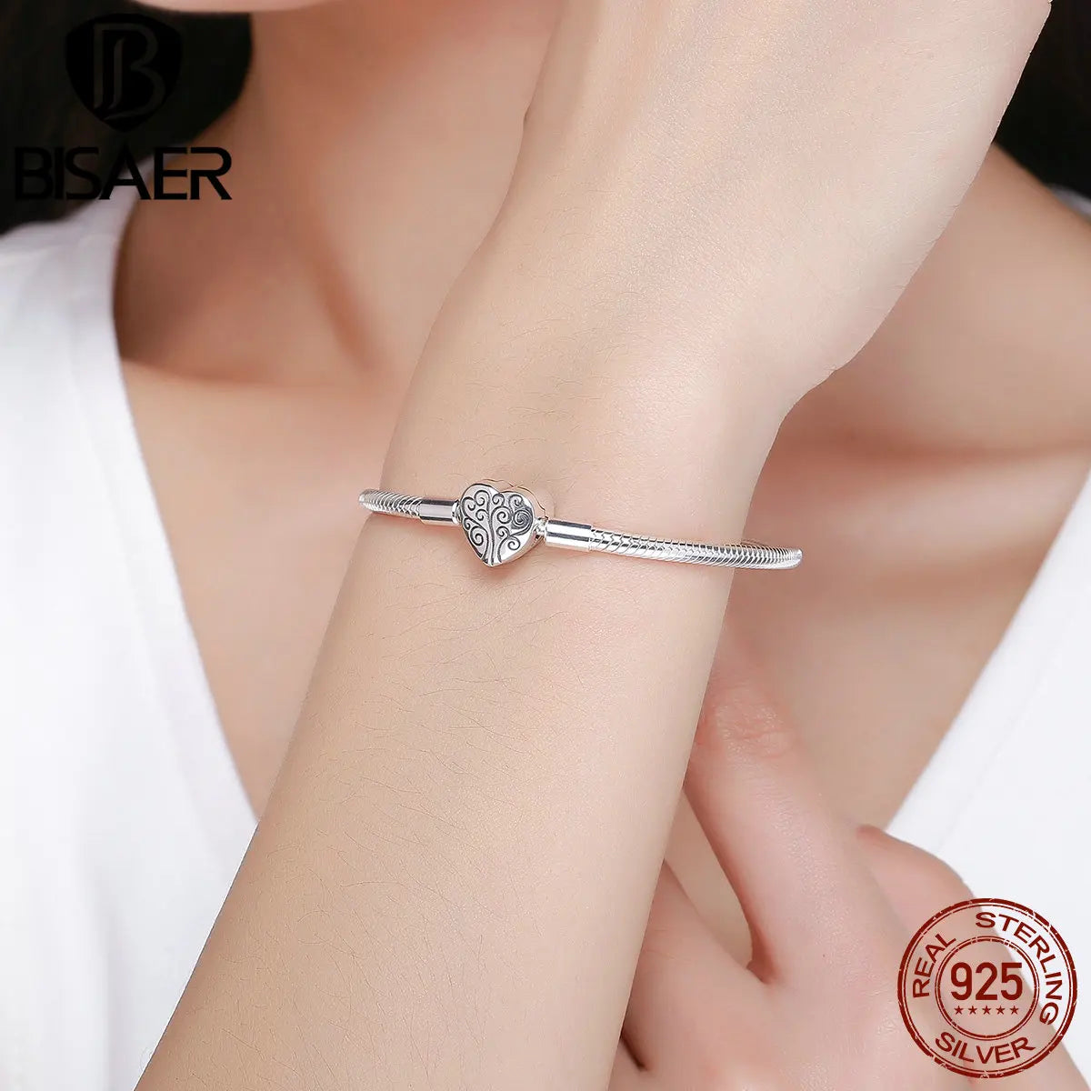 BISAER 100% 925 Sterling Silver Family Tree Of Life Bracelets For Women Heart Snake Basic Bracelet Bead & Charm DIY Fine Jewelry