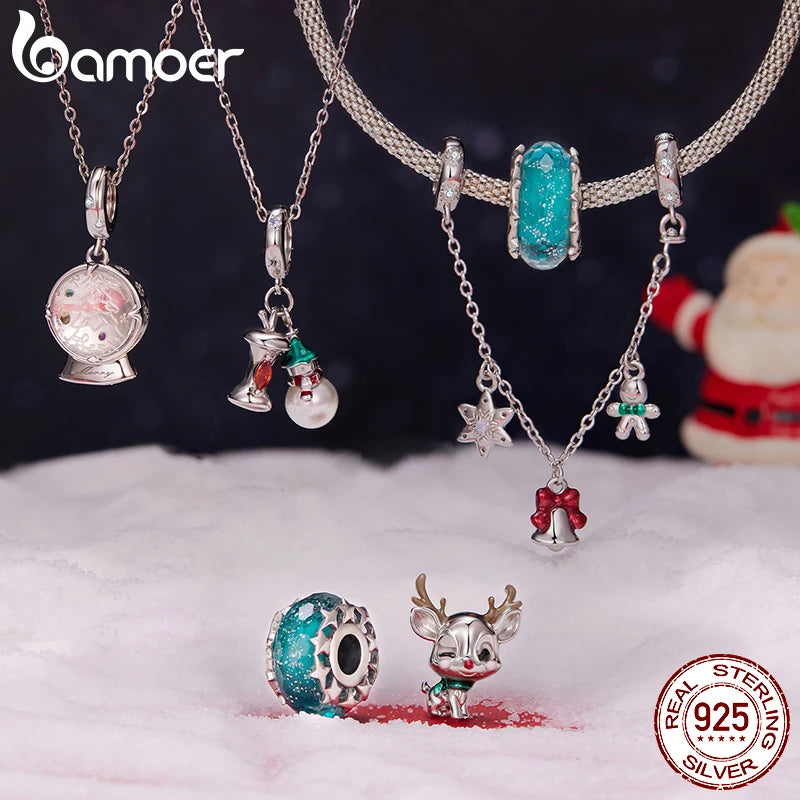 Bamoer 925 Sterling Silver Christmas Charm for Bracelet Santa Claus Snowman Reindeer Apple Pendant Beads Gift for Women Friends