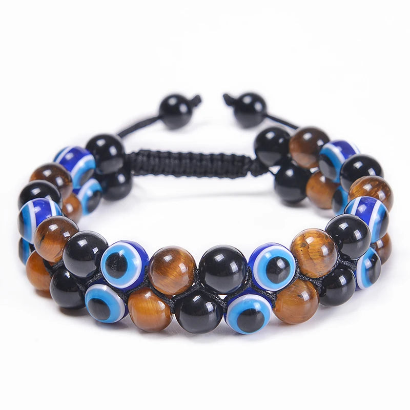 8MM Evil Eye Triple Protection Bracelet Blue Tiger Eye Stone Black Onyx Bracelet Healing Handmade Natural Stone Beads Bracelet