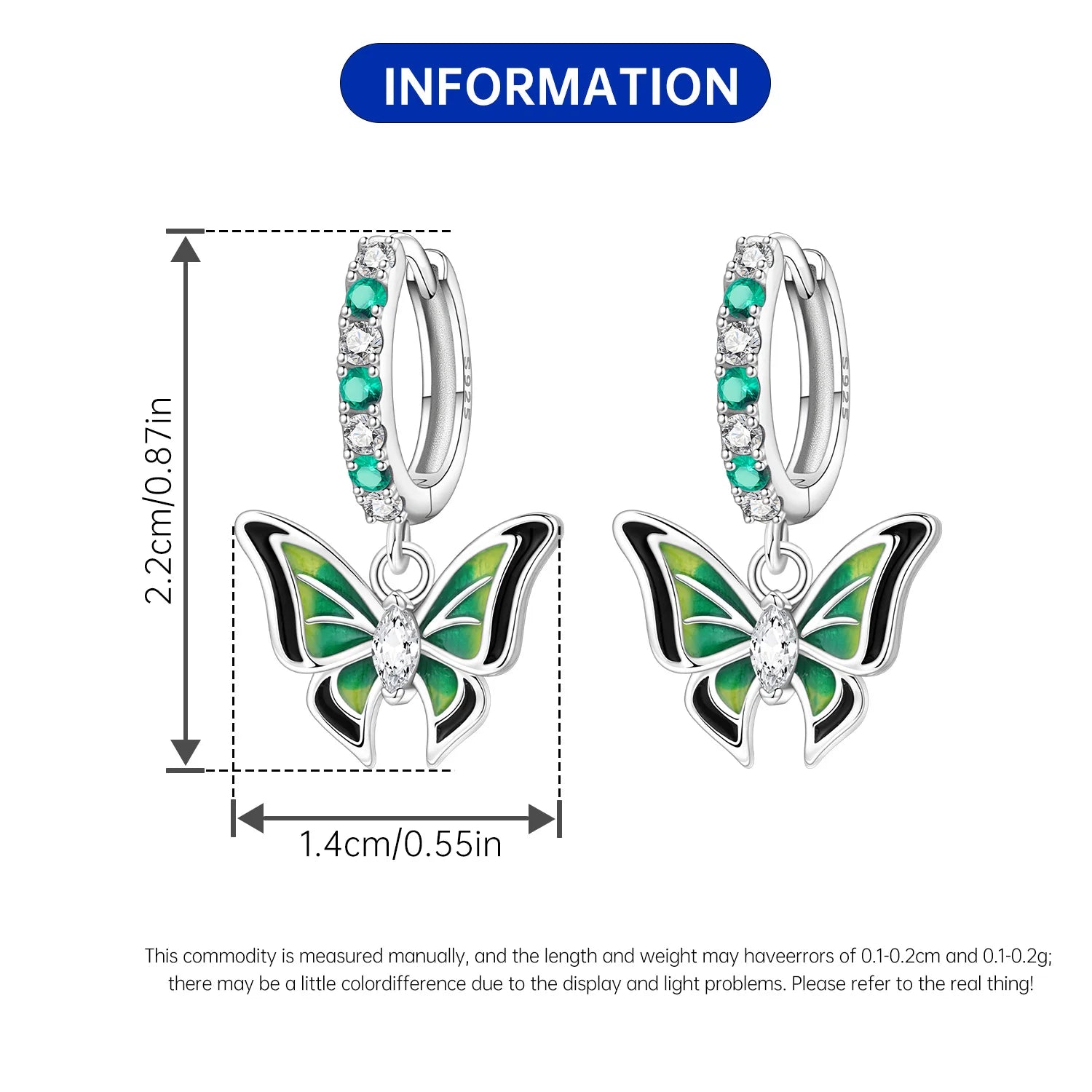 PANPOKI 925 Sterling Silver Green Butterfly Insects Earrings Original Jewelry Drop Earrings Jewelry Party Anniversary Fine Gift