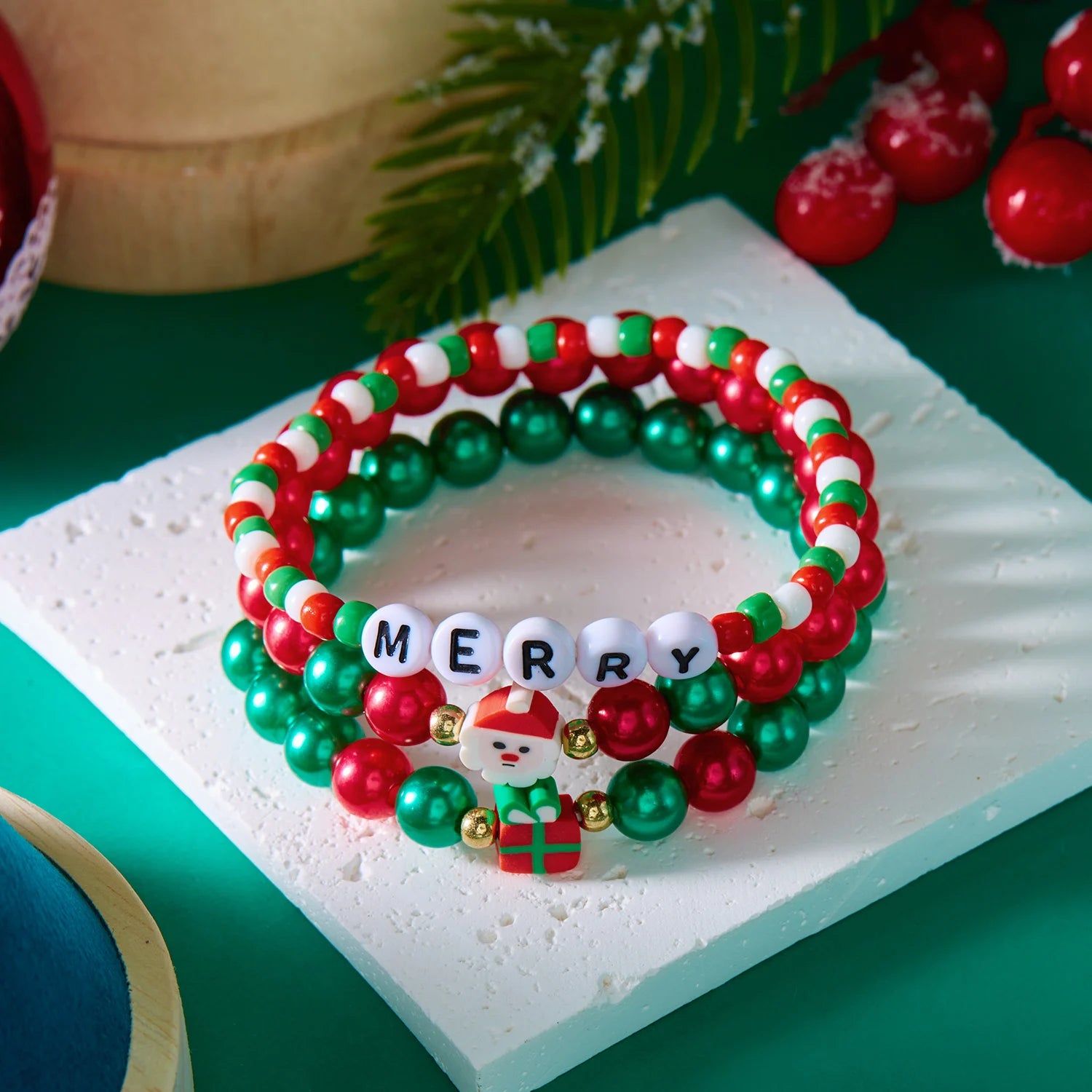 3Pcs Christmas Bracelet Set For Women Colorful Beaded Santa Claus Xmas Tree Snowflake Snowman Pendant Bracelets Festival Gifts