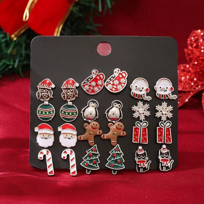 12 Pairs Christmas Earring Set For Women Crystal Zircon Xmas Tree Snowflake Elk Santa Claus Earring New Year Festival Jewelry