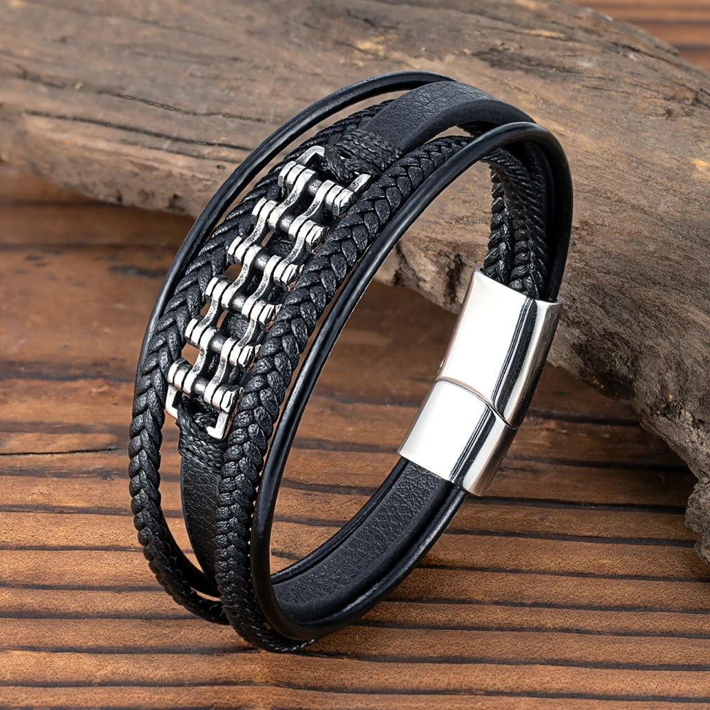 MKENDN Locomotive Men Motorcycle Bracelet Woven Multilayer Braided Leather Bracelets For Women Retro Stainless Steel Jewelry