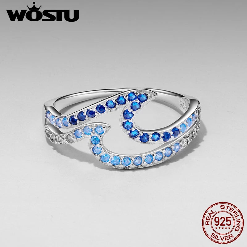 WOSTU Ringe aus echtem 925er Sterlingsilber mit Wellenmuster, elegantem, stapelbarem Statement-Ring im Ozeanwellen-Design mit blauem Zirkonia-Farbverlauf für Damen