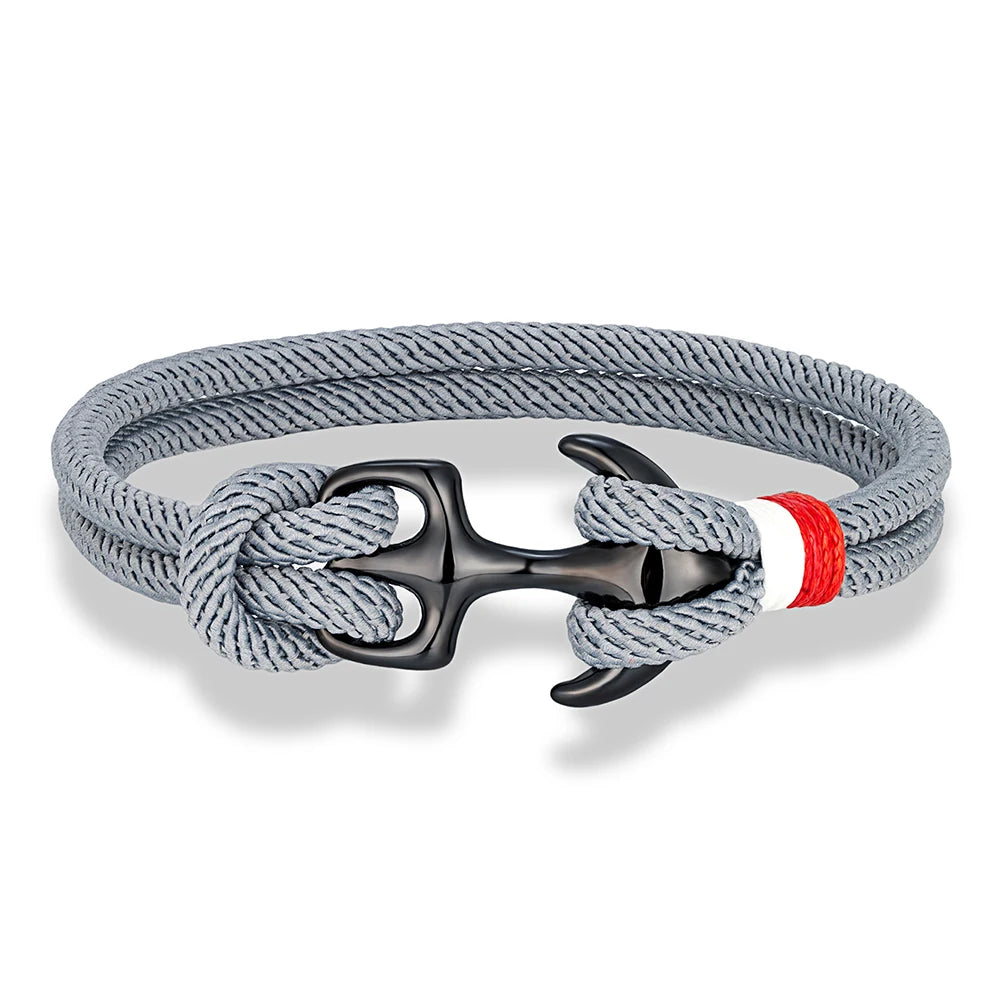 MKENDN Schwarzes Ankerarmband für Damen und Herren, zweireihiges Armband aus nautischem Seil, Sportschließe aus Edelstahl, maritimer Schmuck