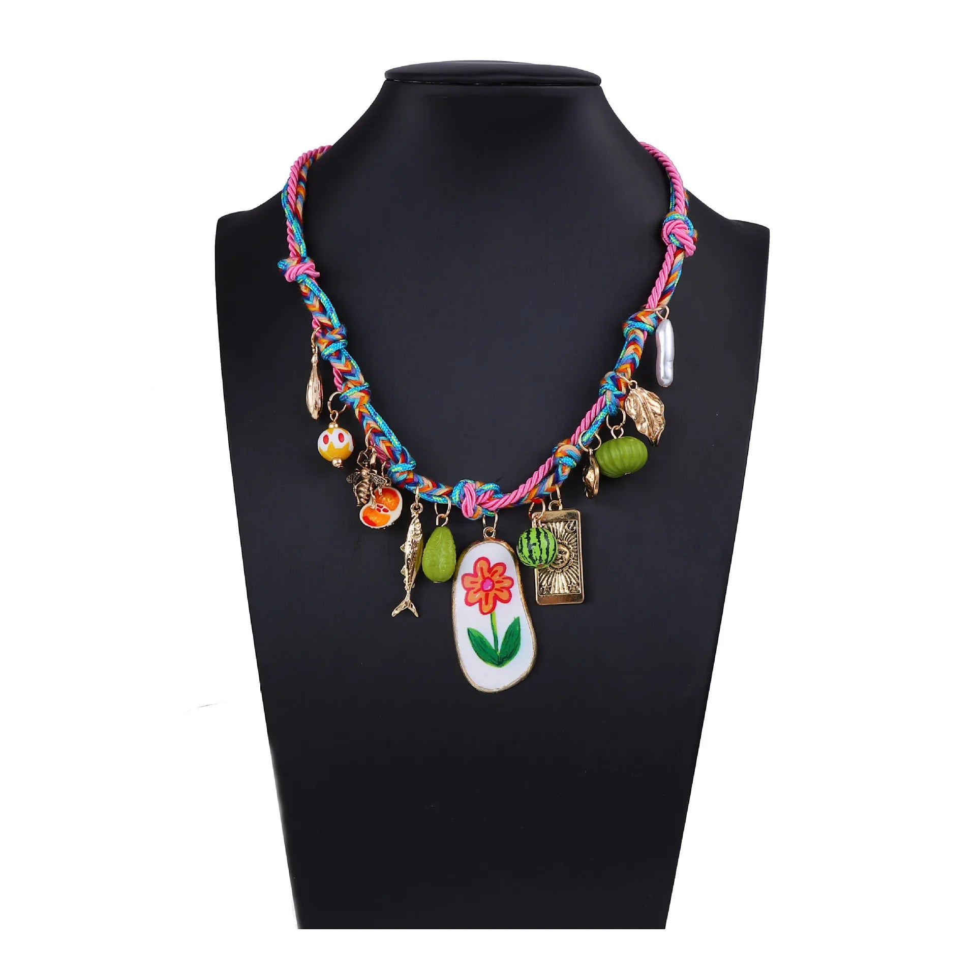 Summer Colored Hand Woven Rope Alloy Flower Fruit Pendant Necklace