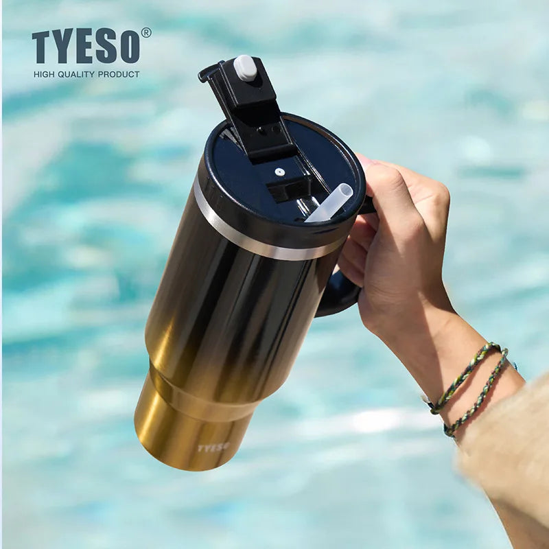 TYESO 40oz Car Coffee Thermos Cup With Handle and Straw Gradient Color Stainless Steel Vacuum Insulated Travel Mug Thermal Cup