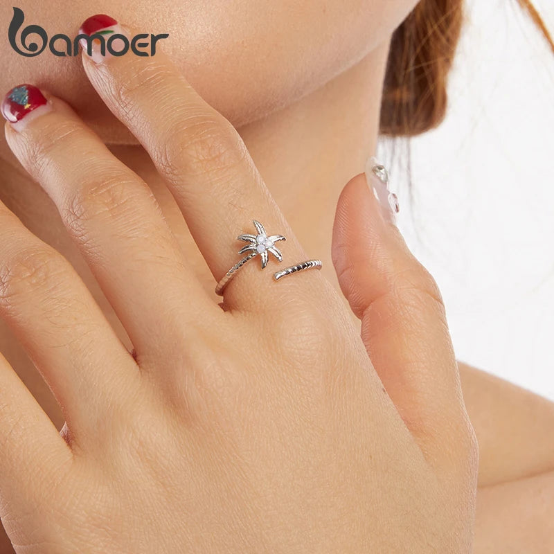 BAMOER 2025 Solid 925 Sterling Silver Cute Coconut Tree Adjustable Rings Lovely Plant Open Ring Jewelry for Women SCR1118-E