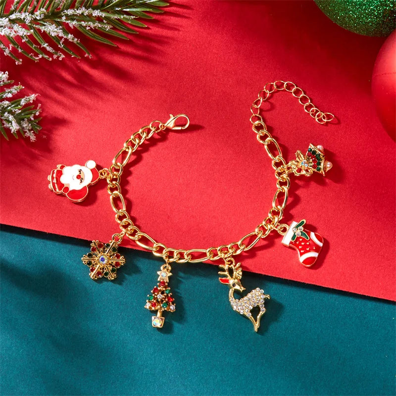Creative Christmas Series Bracelet For Women Men Santa Claus Snowflake Zircon Elk Xmas Tree Metal Chain Bangles New Year Jewelry