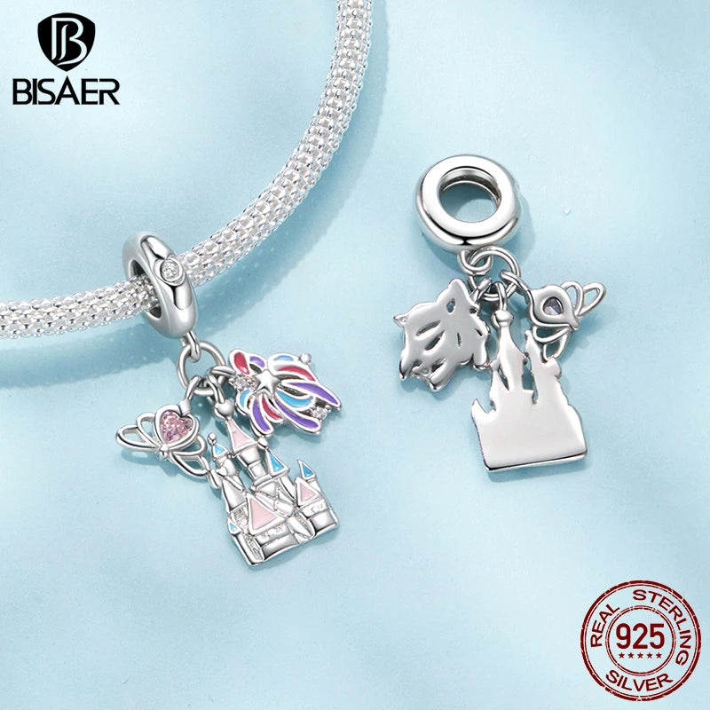 BISAER 925 Sterling Silver Pink FireworkAs Castle Pendant Game Consoles Suitable Charm Bead Fit Women DIY Bracelet Fine Jewelry