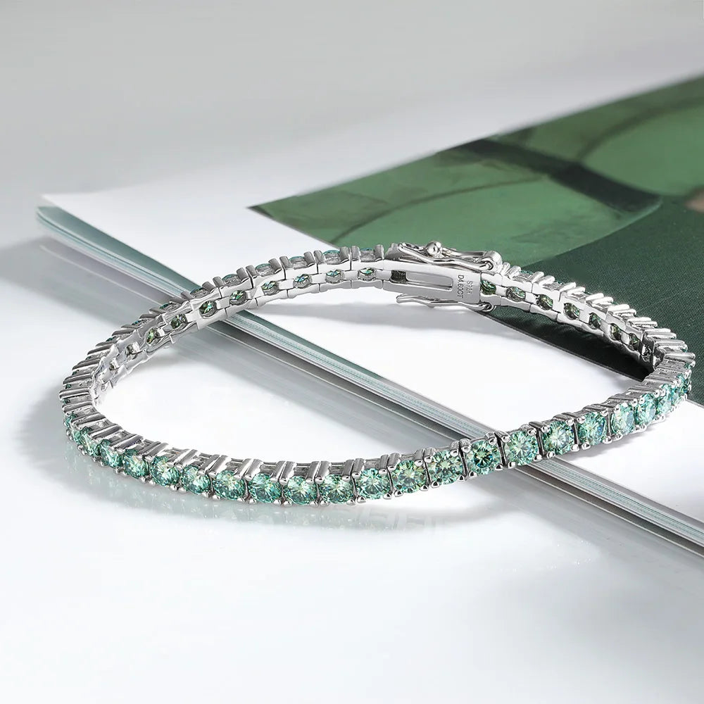 Serenity 3mm Green Moissanite Tennis Bracelet for Women Man Anniversary Gift S925 Sterling Silver Bracelet Plated 18k Hand Chain