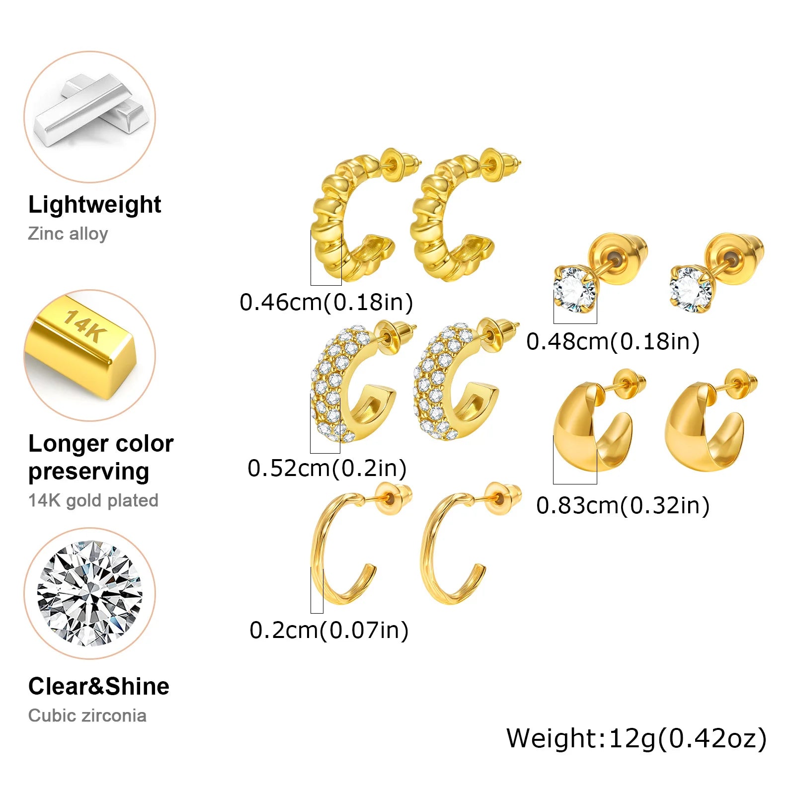 Vnox Classic Gold Plated 10/6-piece Set Women Earrings Cubic Zirconia Smooth C-shaped Hoop Earrings Fashion Female Jewelry Set