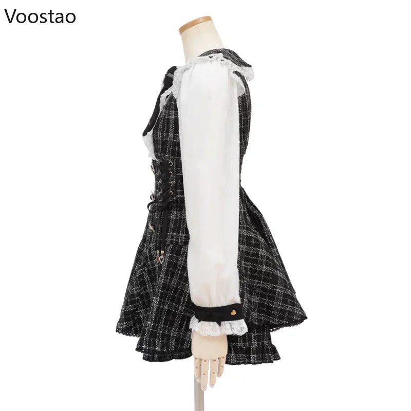 Ensemble robe-short et short style gothique japonais Y2K Lolita à nœud en strass, robe-chemise à volants en dentelle Harajuku, short à carreaux.