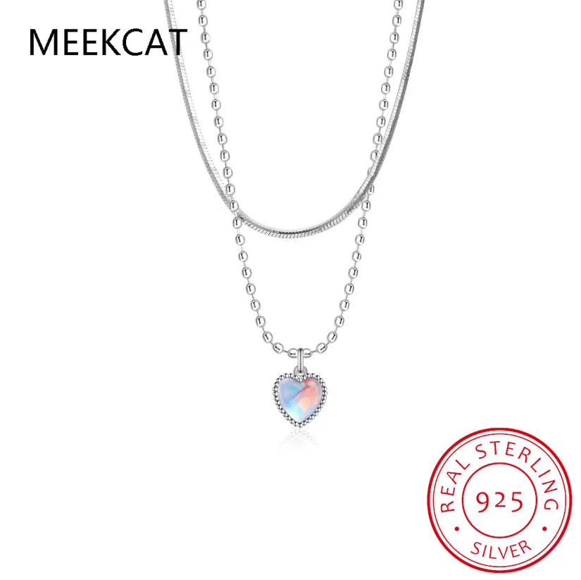 Collier pendentif double cœur en argent sterling 925 avec pierre de lune dégradée, chaîne clavicule pour couple VNS8989