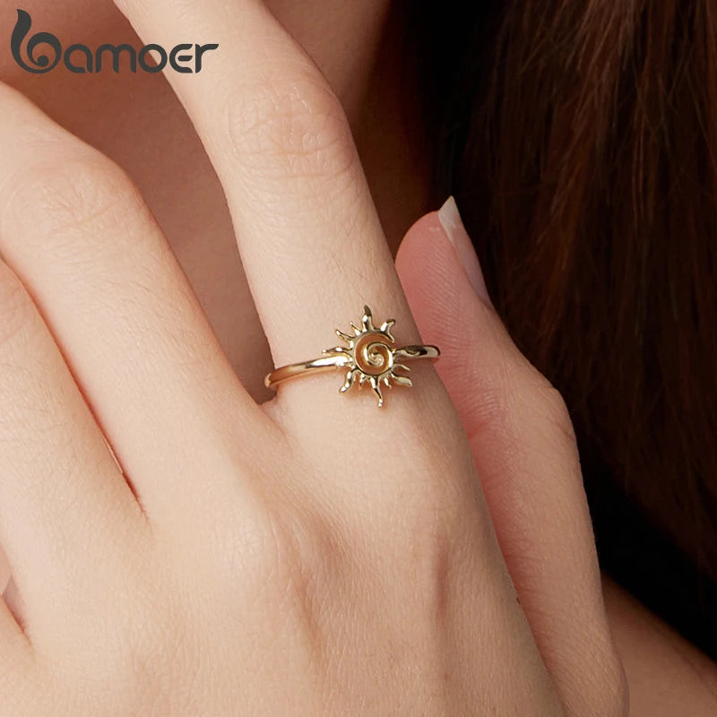 Bamoer 925 Sterling Silver 18K Gold Sun God Open Ring Adjusable Hollowed Circle Ring for Women Girls Lucky Daily Birthday Gift