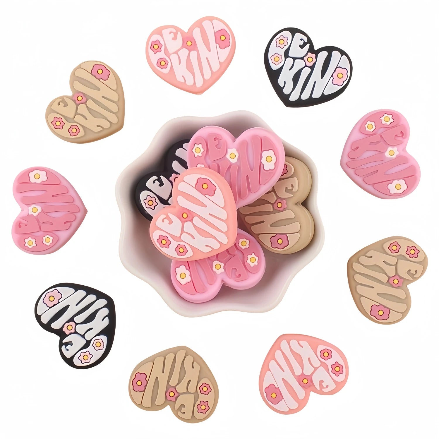 Lot de 5/8/12/16 perles en caoutchouc colorées en silicone avec motif de fleurs d'amour (Be King) pour la fabrication de bijoux et de loisirs créatifs