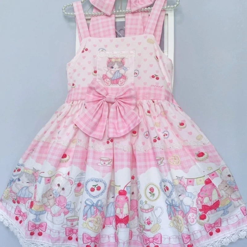 Japanese Sweet Lolita Jsk Dress Women Kawaii Cartoon Cat Print Bow Lace Ruffles Strap Dress Girls Cute Tea Party Mini Dresses