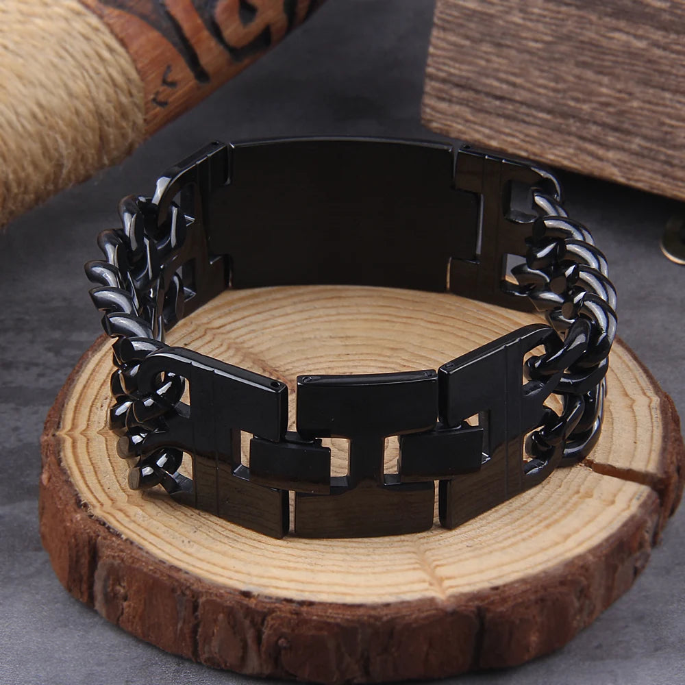 24 mm breit, 8,26 Zoll, Edelstahl, glänzend, ID-Armbänder mit Doppelgliederkette für Männer und Frauen, Armreif, vergoldet/silber/schwarz, 85 g