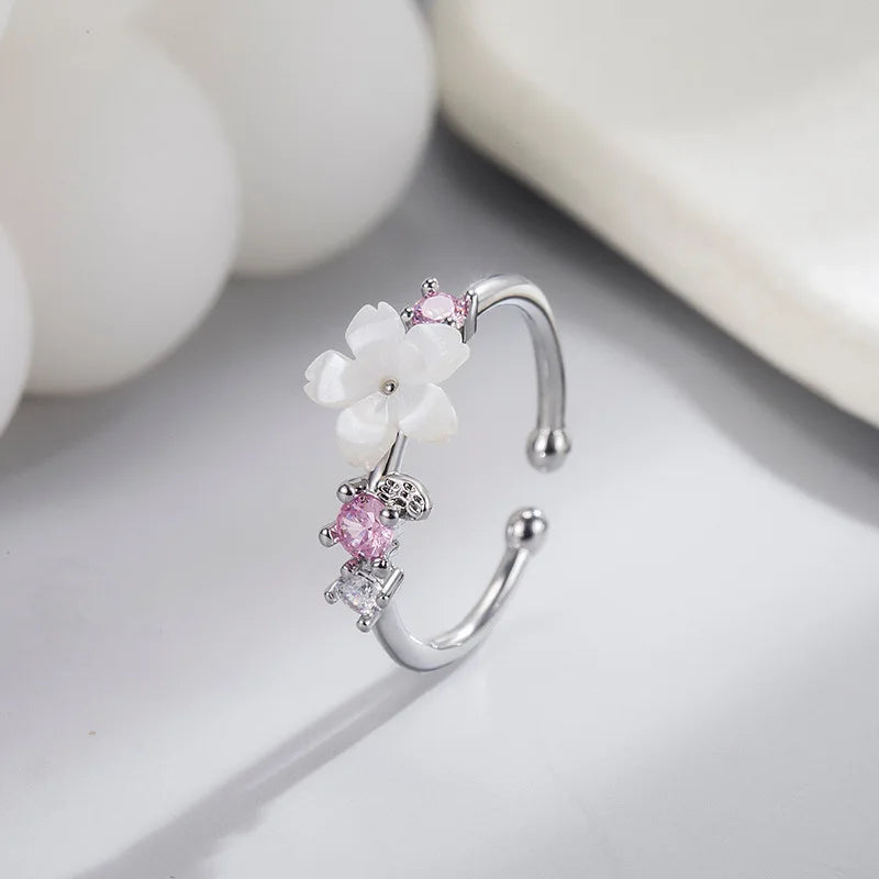 Pink Romantic Flower Rings For Women Shiny Zircon Cherry Blossom Branch Shell Finger Ring Wedding Christmas Aesthetic Jewelry