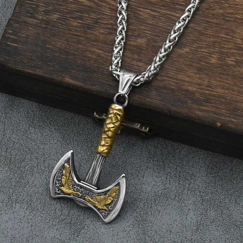 Odin Raven Double Axe Vintage Viking Pendant Stainless Steel Celt Knot Necklace Men's Scandinavian Jewelry Gift