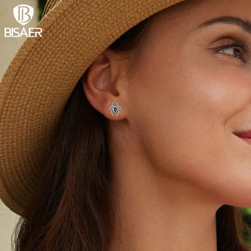 BISAER Skull Spider Stud Earrings 925 Sterling Silver Retro Spider Hypoallergenic Stud Ear for Women Fine Jewelry Halloween Gift