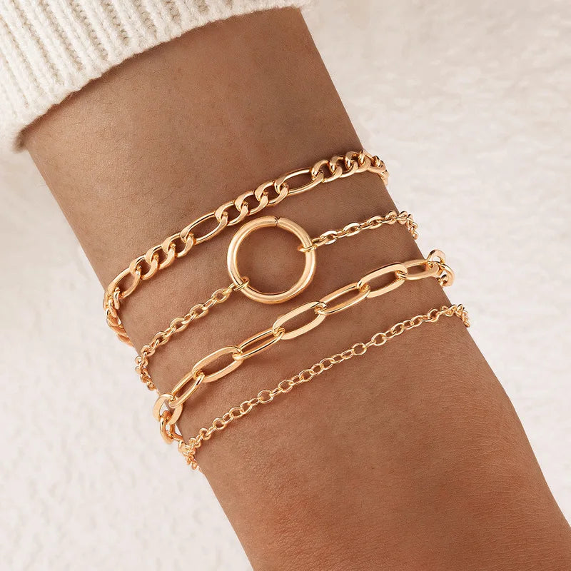 Boho Gold Color Link Chain Bracelet Set For Women Geometric Round Circle Tassel Charm Open Bangle Female Jewelry