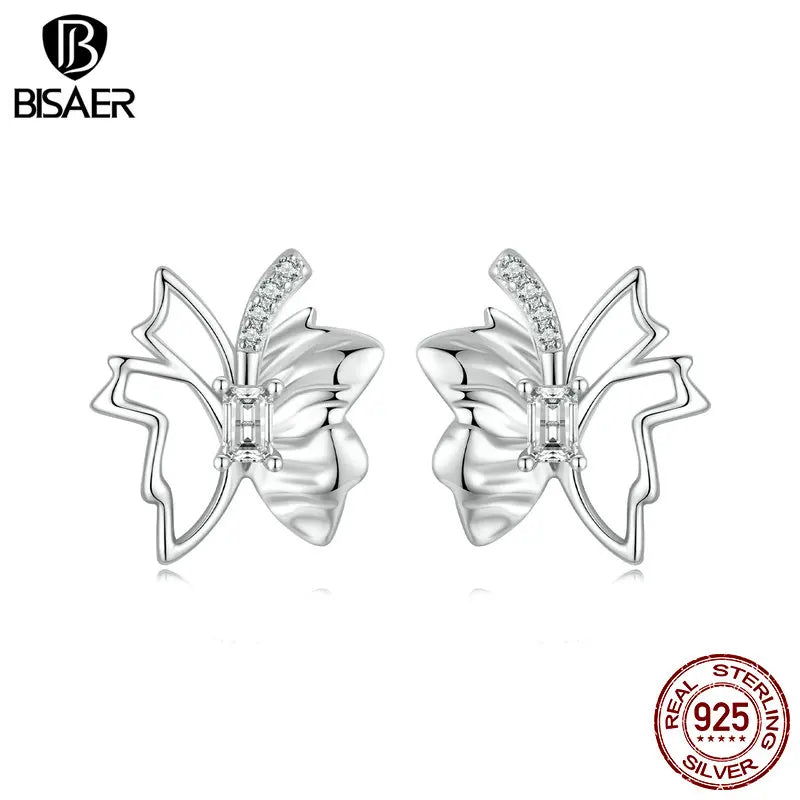 Boucles d'oreilles à tige en argent sterling 925 BISAER en forme de feuille d'automne et de papillon - Simple - Plaqué or blanc - Pour femme - Bijoux fins de fête