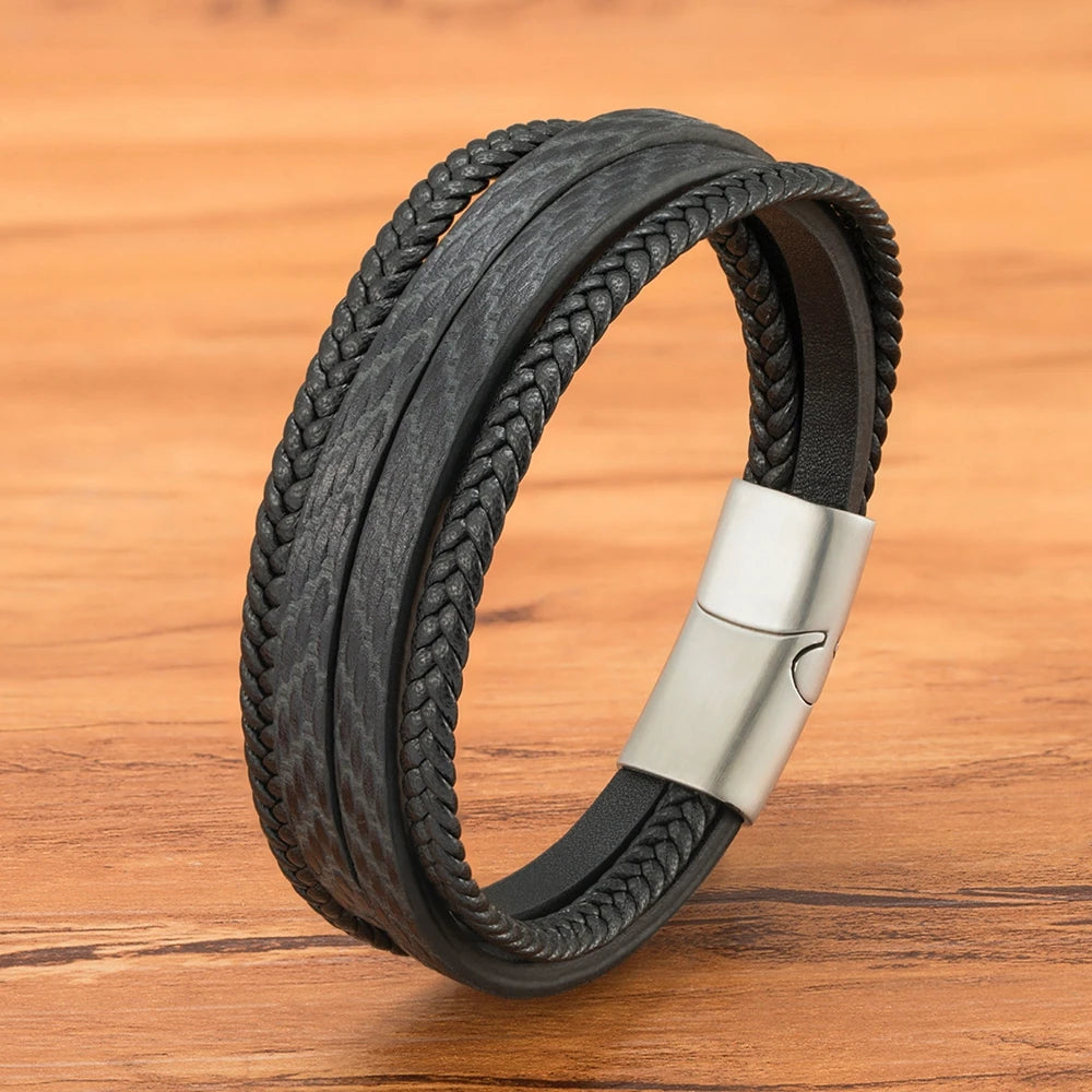 TYO Stylish Feather Pattern Design Multilayer Braid Leather Mens Bracelet Stainless Steel Magnetic Clasp Bangles Jewelry Gift