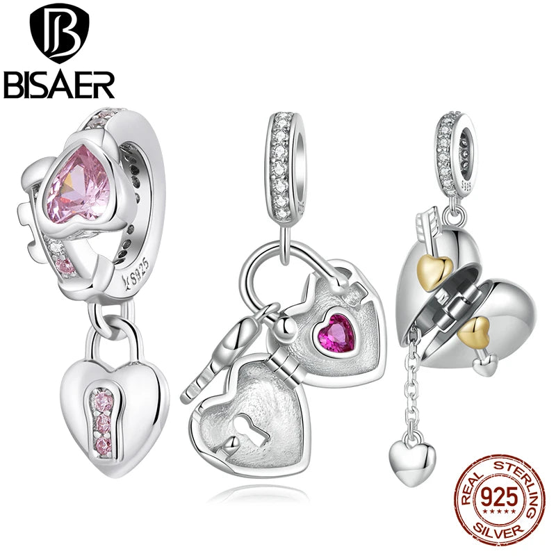 BISAER 925 Sterling Open Heart Lock Charm Perle Plaqué Platine Pendentif Fit DIY Bracelet Bijoux Saint Valentin Cadeau d'Anniversaire
