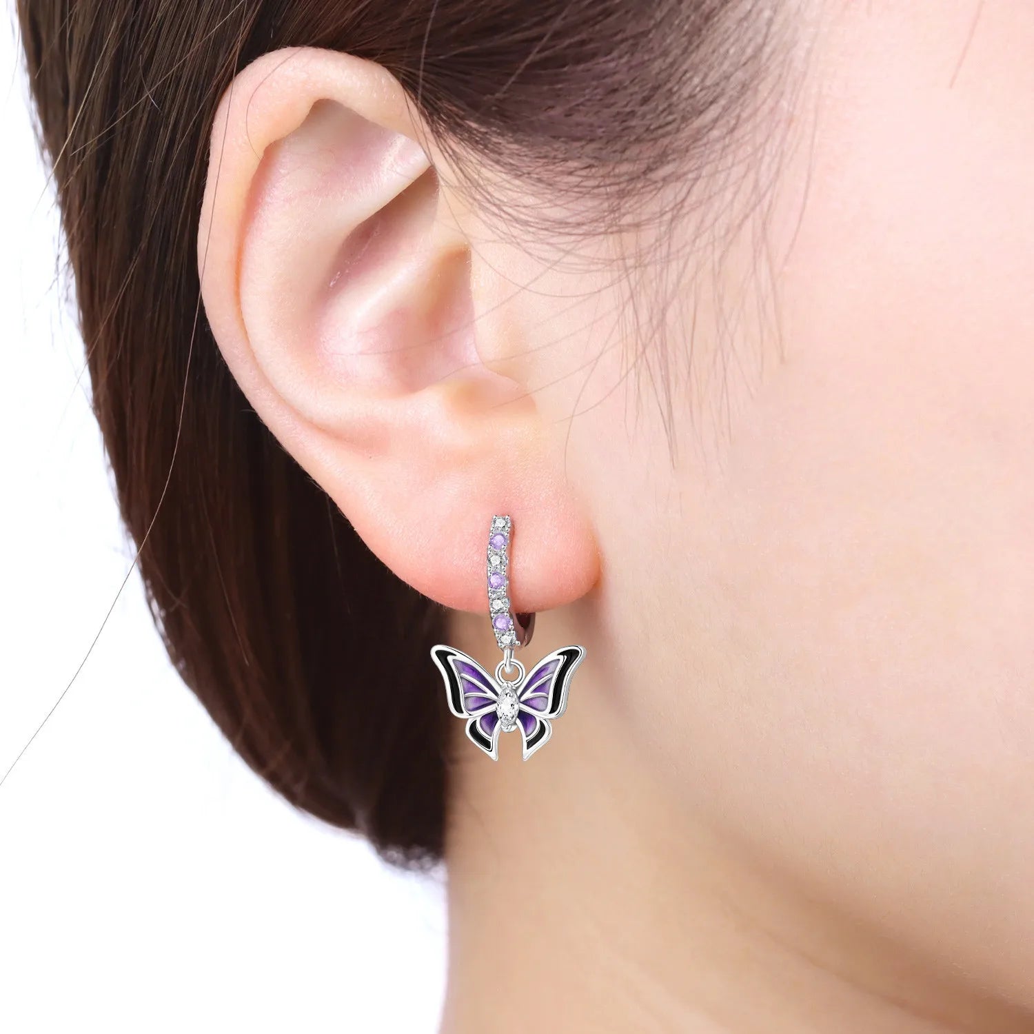 PANPOKI 925 Sterling Silver Purple Butterfly Insect Drop Earrings Women Earrings Charm Trend Versatile Party Jewelry Gifts