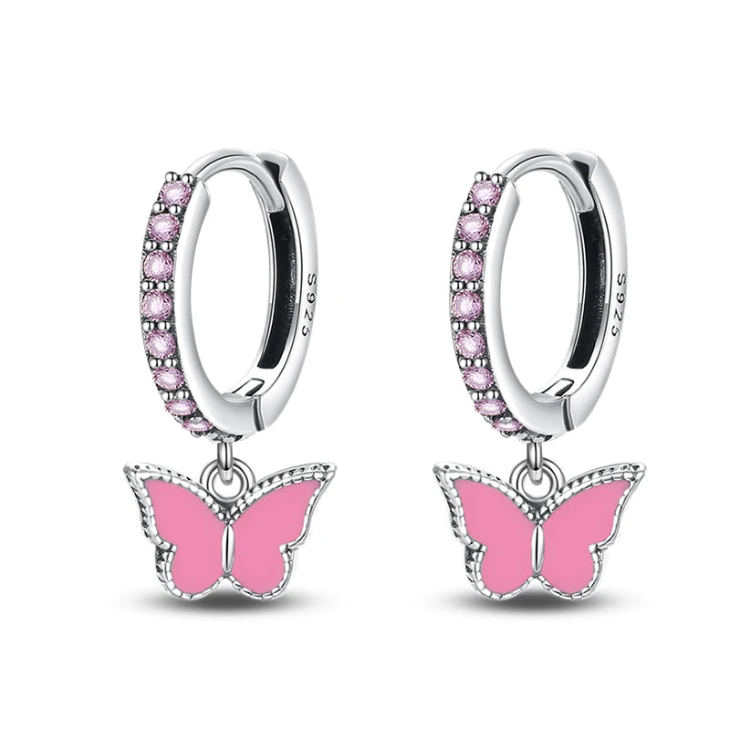 New Earring For Women 925 Silver Sparkling Butterfly Bear Pink Heart Princess Double Hoop Earrings Luxury Party Jewelry