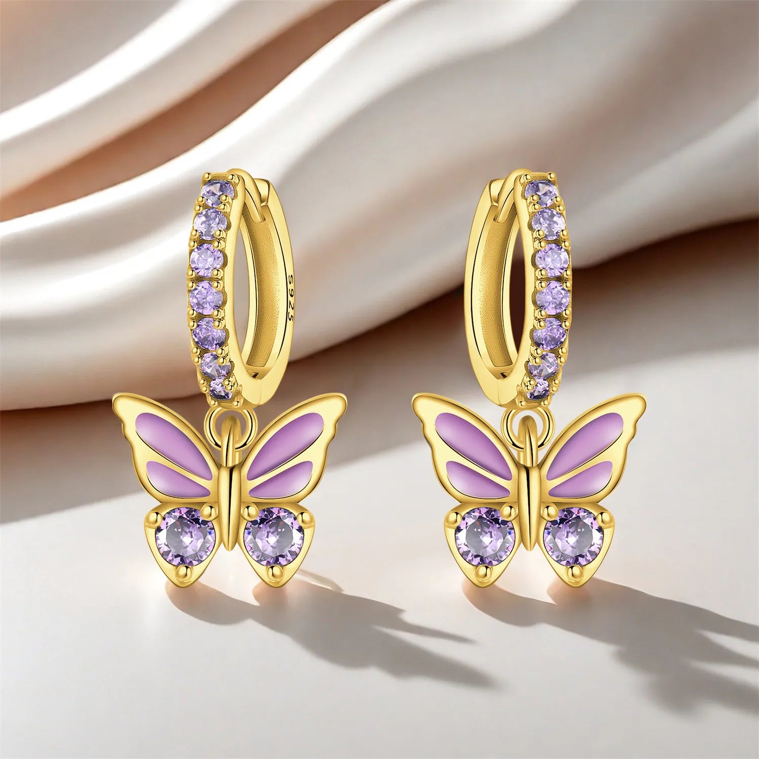 PANPOKI 925 Sterling Silver Purple Butterfly Insect Drop Earrings Women Earrings Charm Fashion Versatile Party Jewelry Gifts