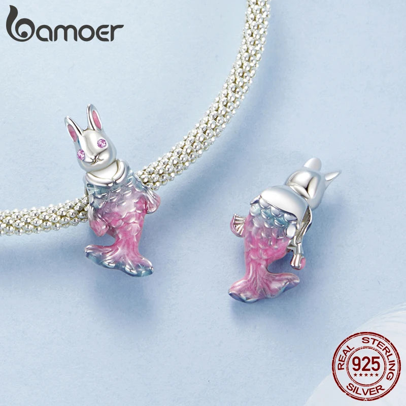 BAMOER Solid 925 Sterling Silver Mermaid Rabbit Charm Pendant fit Original Bracelet DIY Jewelry Accessories bamoer Beads