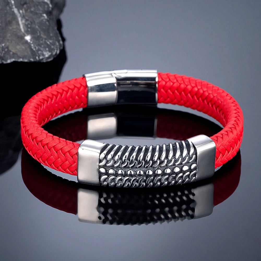MKENDN Viking Leather Cuff Bracelet Norse Wristband in Black Blue Red Men's Leather Bracelet Viking Warrior Jewelry Gift For Son