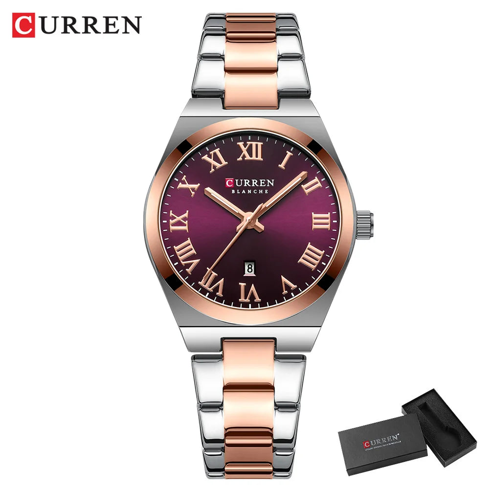 CURREN Fashionable Quartz Watches for Women Roman Numerals Simple Elegant Stainless Steel Braclete Ladies Wristwatch