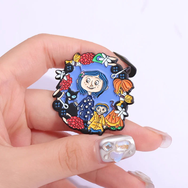 Horror Animated Films Coraline Doll Enamel Pins Cartoon Character Role Brooch Lapel Badge Punk Halloween Jewelry Gift for Friend
