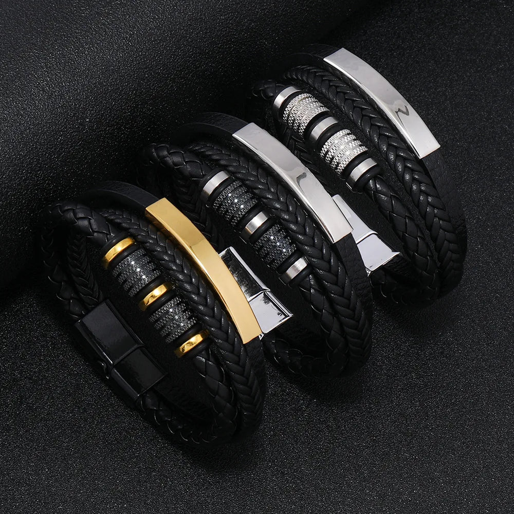 Trendy Leather Bracelets Men Stainless Steel Multilayer Braided Rope Bracelets For Male Bracelets Jewelry Pulsera Hombre