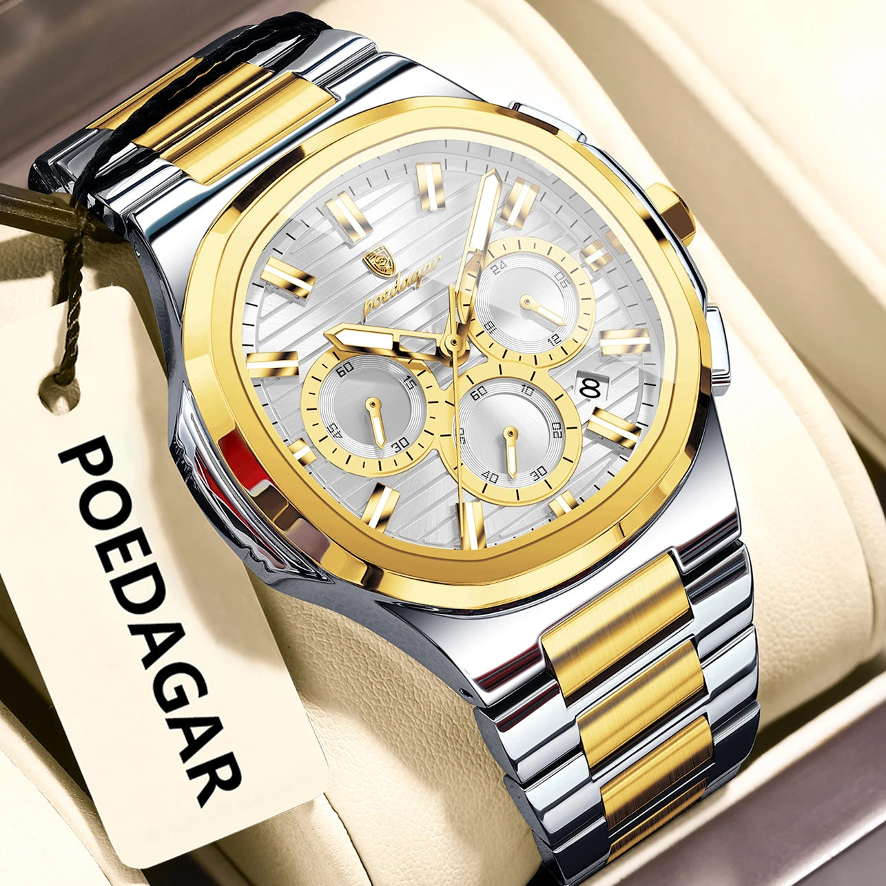 POEDAGAR Business Man Wristwatch Date Chronograph Waterproof Luminous Luxury Men Watch Stainless Steel Quartz Men's Watches Male - Madeinsea©