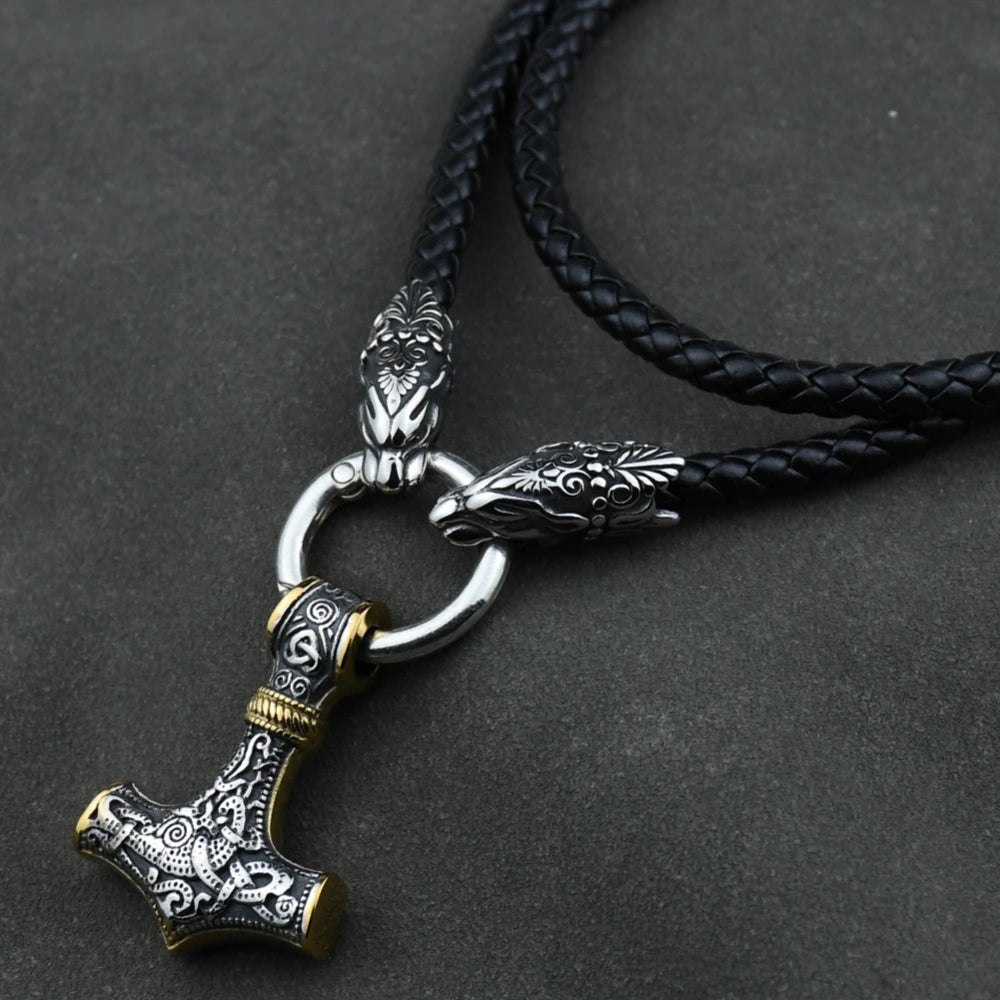 Stainless Steel Wolf Head with King Chain Necklace thor's hammer mjolnir viking  Rune Amulet Domineering Biker Jewelry