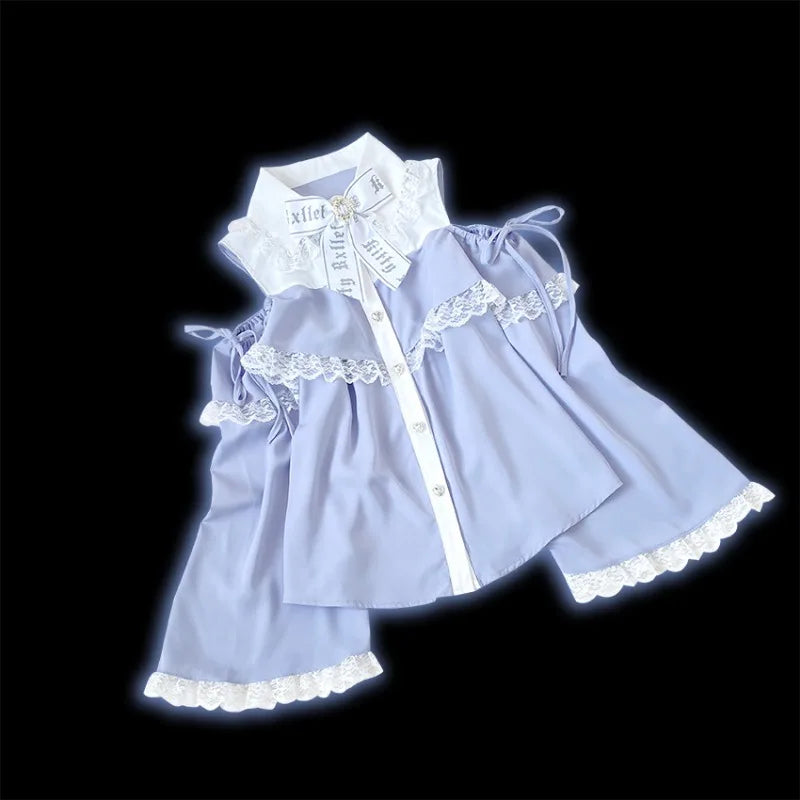 Japanese Gothic Lolita Shirts Women Vintage Kawaii Lace Ruffles Off Shoulder Long Sleeve Blouses Y2k Aesthetic Sweet Tops Blusas