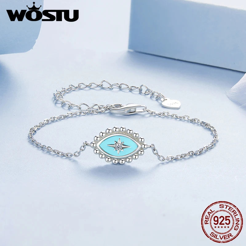 WOSTU Real 925 Sterling Silver hexagram Star Zircon Chain Bracelet Blue Turquoise Devil Eye Chain links Gift For Mom Daughter