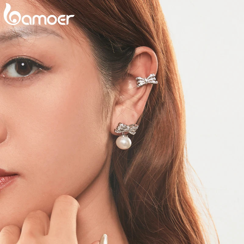 BAMOER Schleifen-Ohrringe für Damen, trendige, weißvergoldete Perlen-Ohrhänger mit Schleife, Ohrstecker für Hochzeit, Party, Alltag, Schmuck, Geschenke